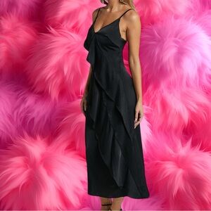 GILLI Satin Black Ruffle Front Sleeveless Midi Dress Women’s S (4/6)